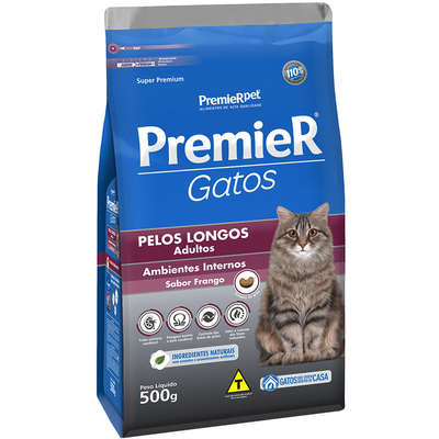 Premier Ambientes Internos Gatos Pelos Longos Adultos Frango 500g    (Cód. 370)